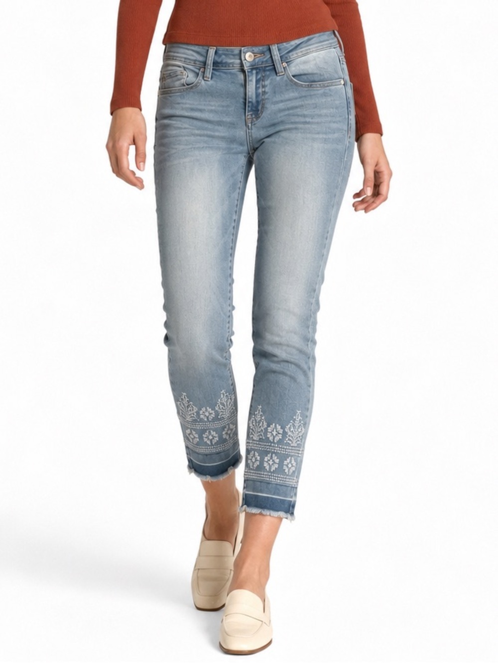 Harper Embroidered Skinny Ankle Jeans Released Frayed Hem Blue Size 25